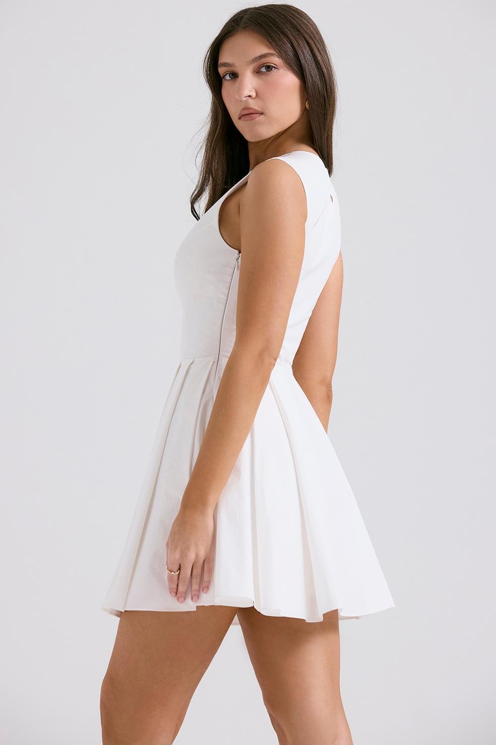 Claretta White Pleated Cotton Mini Dress Product Image