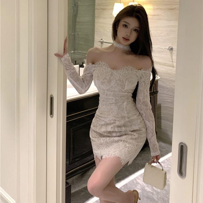 Off-Shoulder Long-Sleeve Mini Lace Bodycon Dress Product Image