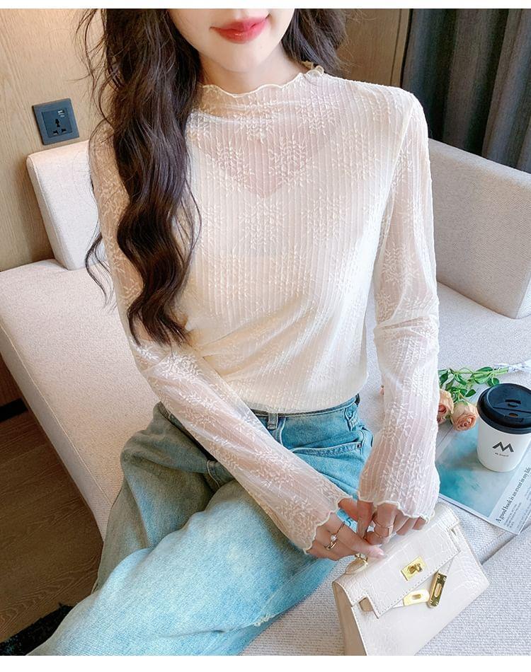 Long-Sleeve Mock Neck Floral Lace Top Product Image