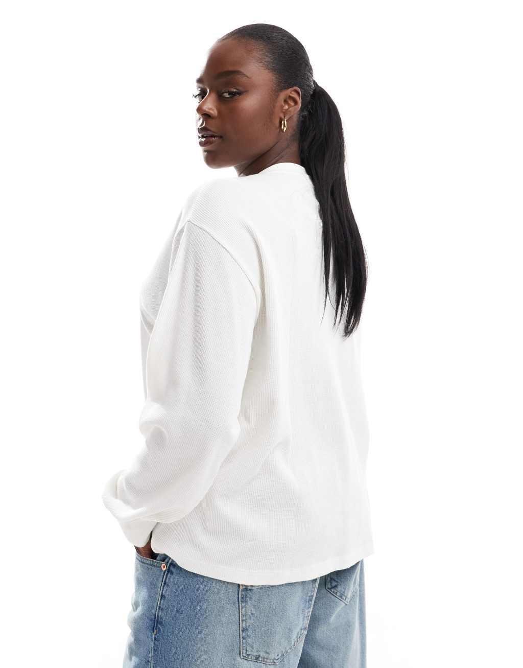 ASOS DESIGN Curve oversized long sleeve waffle knit henley top in cream Product Image