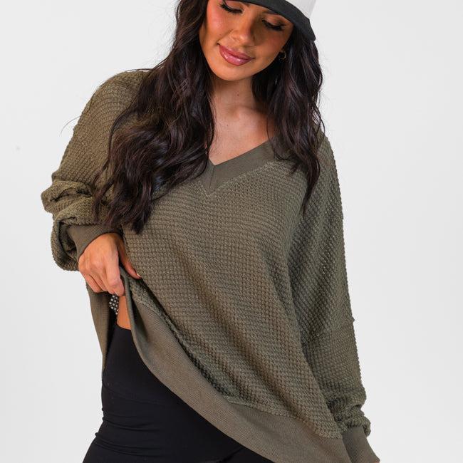 Perfect Score Olive Oversized Waffle V-Neck Top Product Image