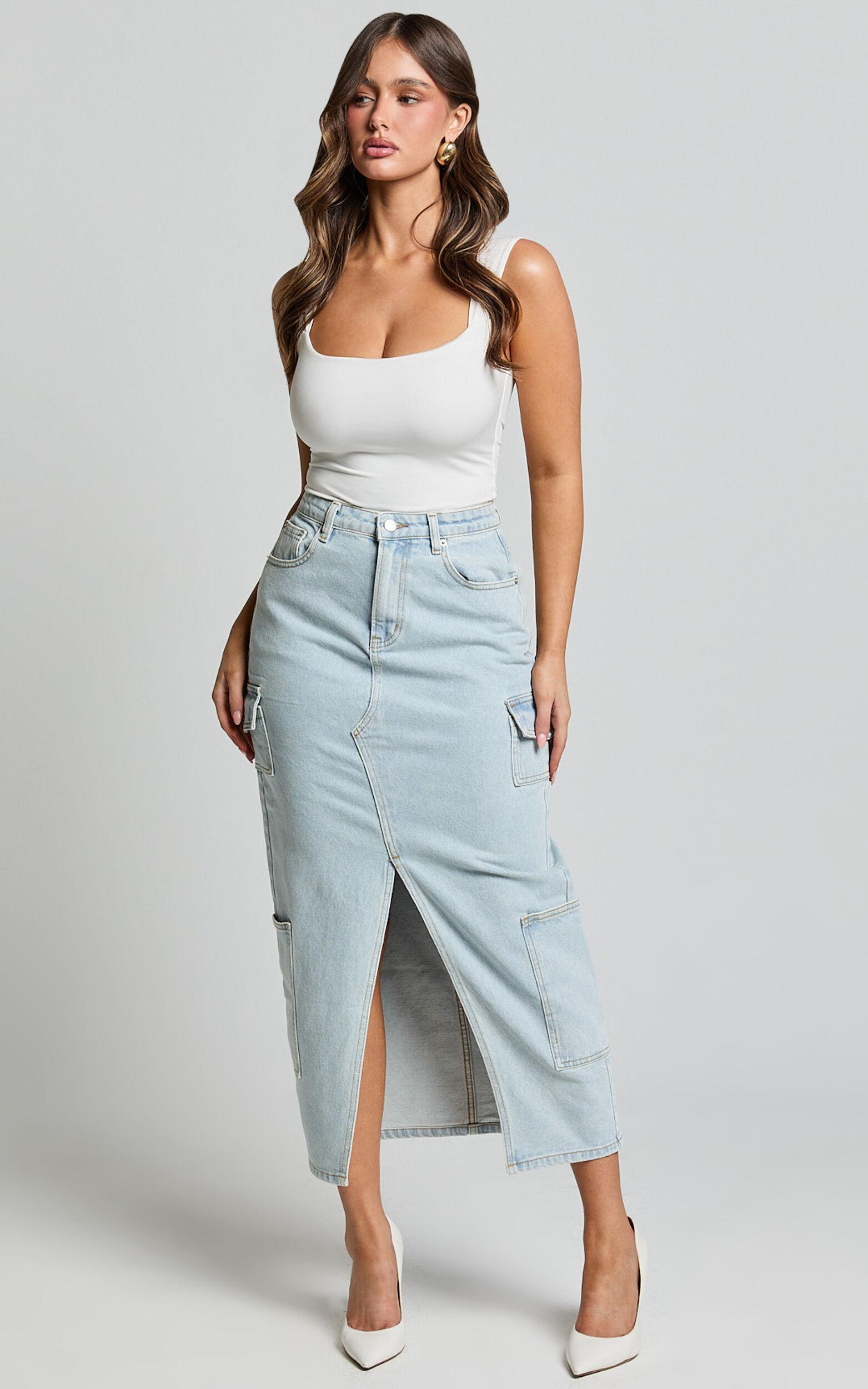 Sylvia Midi Skirt - Utility Pockets Denim Skirt in Light Blue Wash Product Image