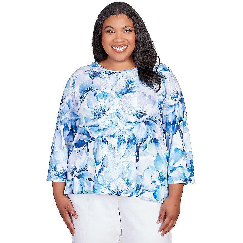 Alfred Dunner Plus Size Classic Watercolor Floral Lace Paneled Top Product Image