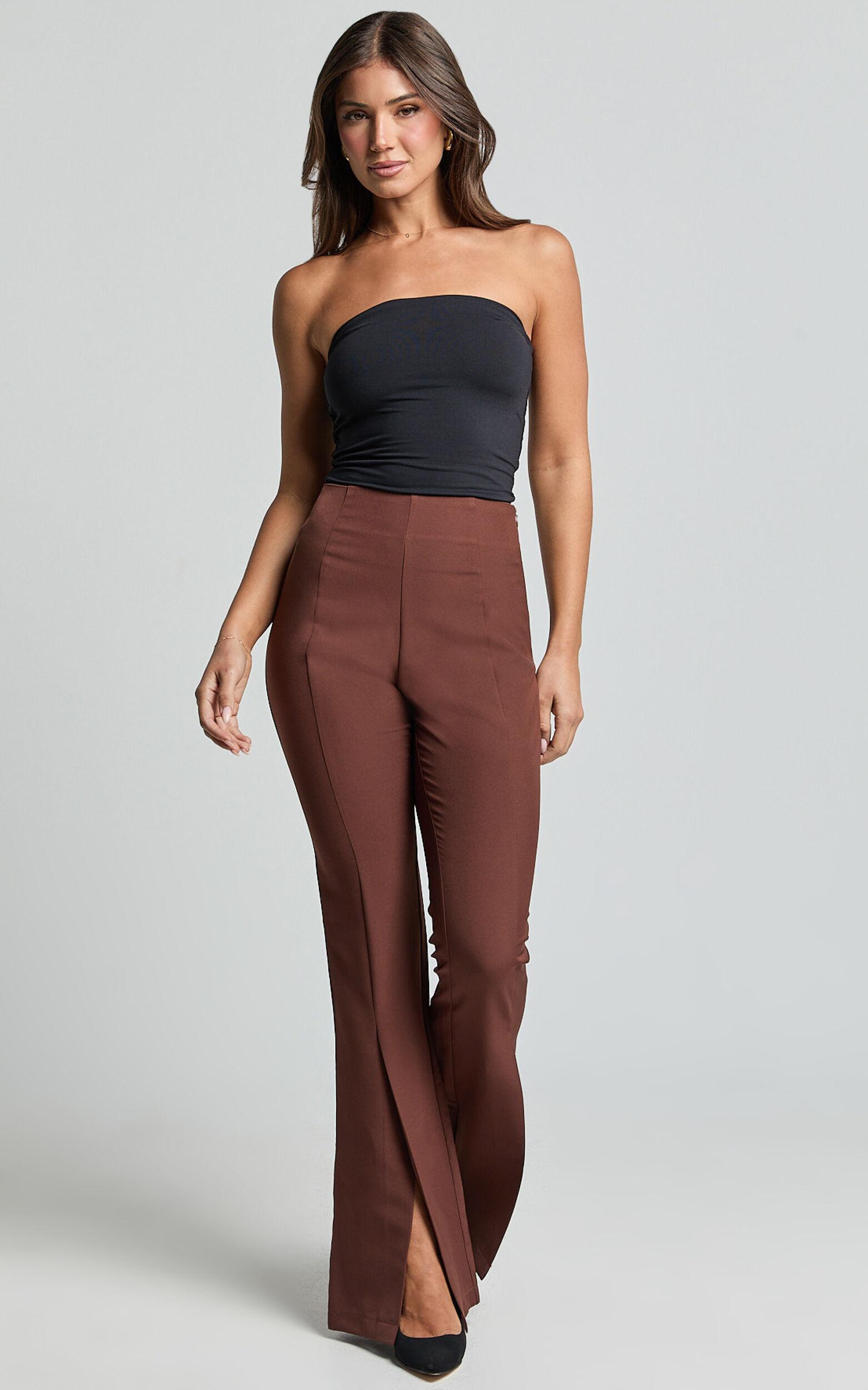 Volta Pants - Front High Waisted Split Boot Leg Kick Out Pants in Chocolate Product Image