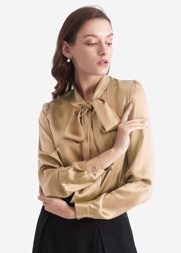 Women Bow-tie Neck Silk Blouse Product Image