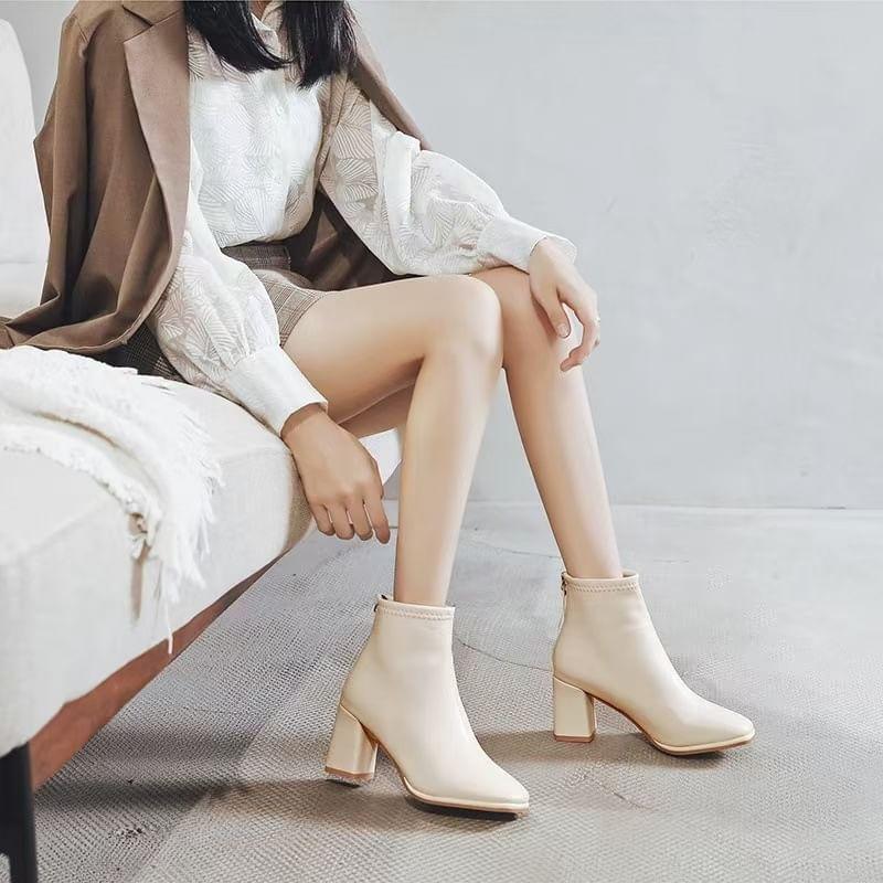 Chunky Heel Square Toe Plain Zip-Up Faux Leather Short Boots product image