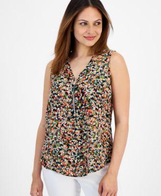 Petite Printed Zip Front V-Neck Sleeveless Top Product Image