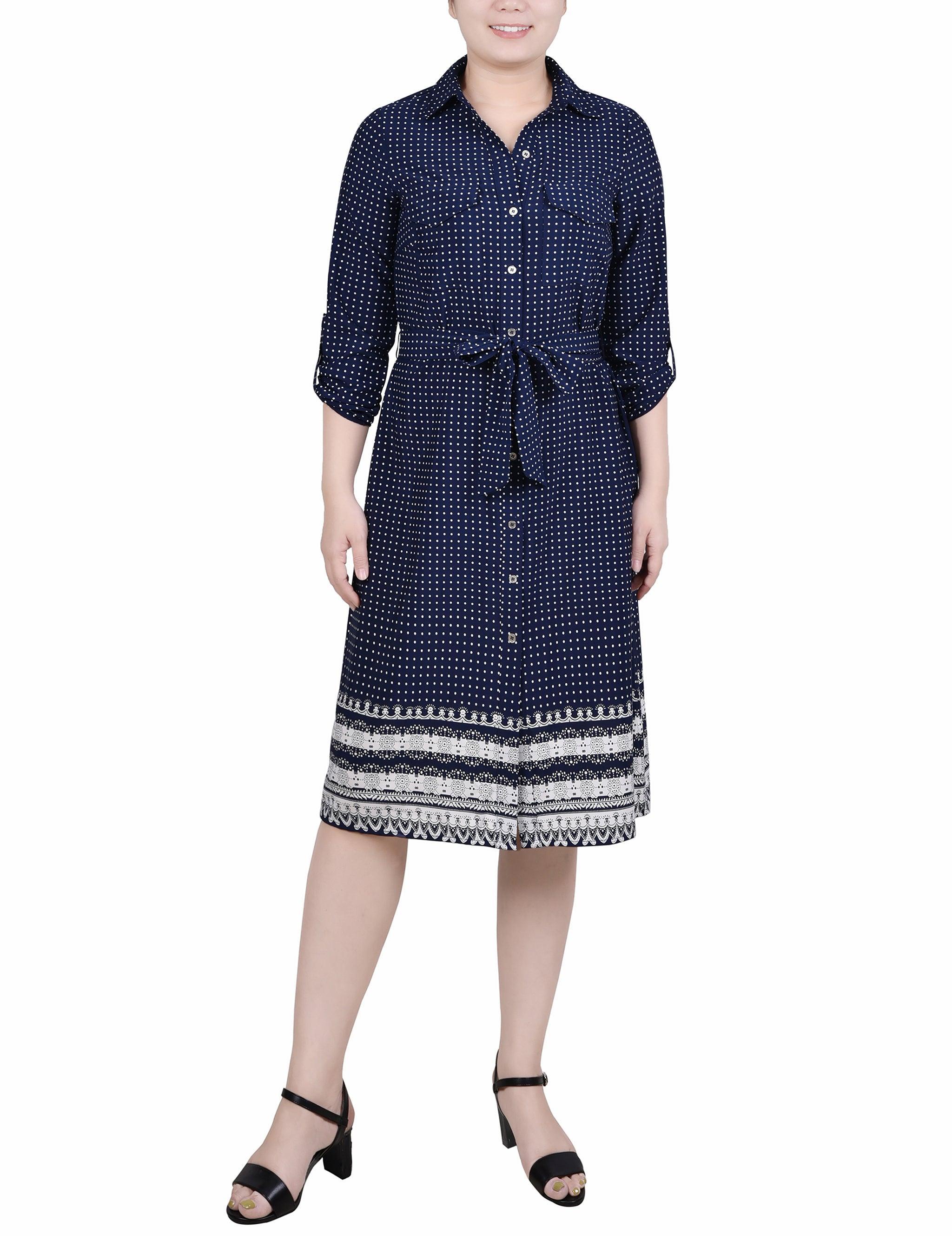 3/4 Roll Tab Sleeve Belted Shirtdress - Petite Product Image