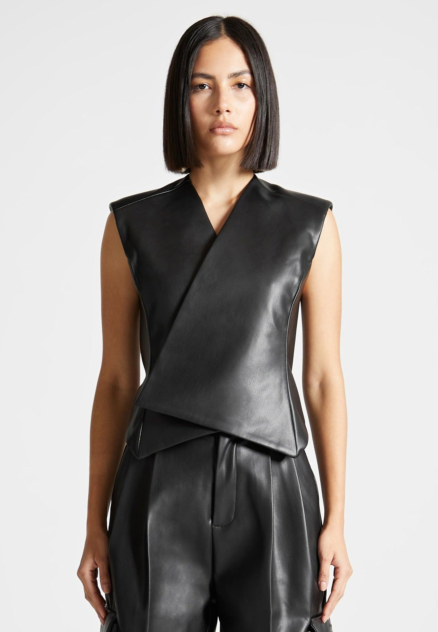 Vegan Leather Wrap Waistcoat - Black Female Product Image