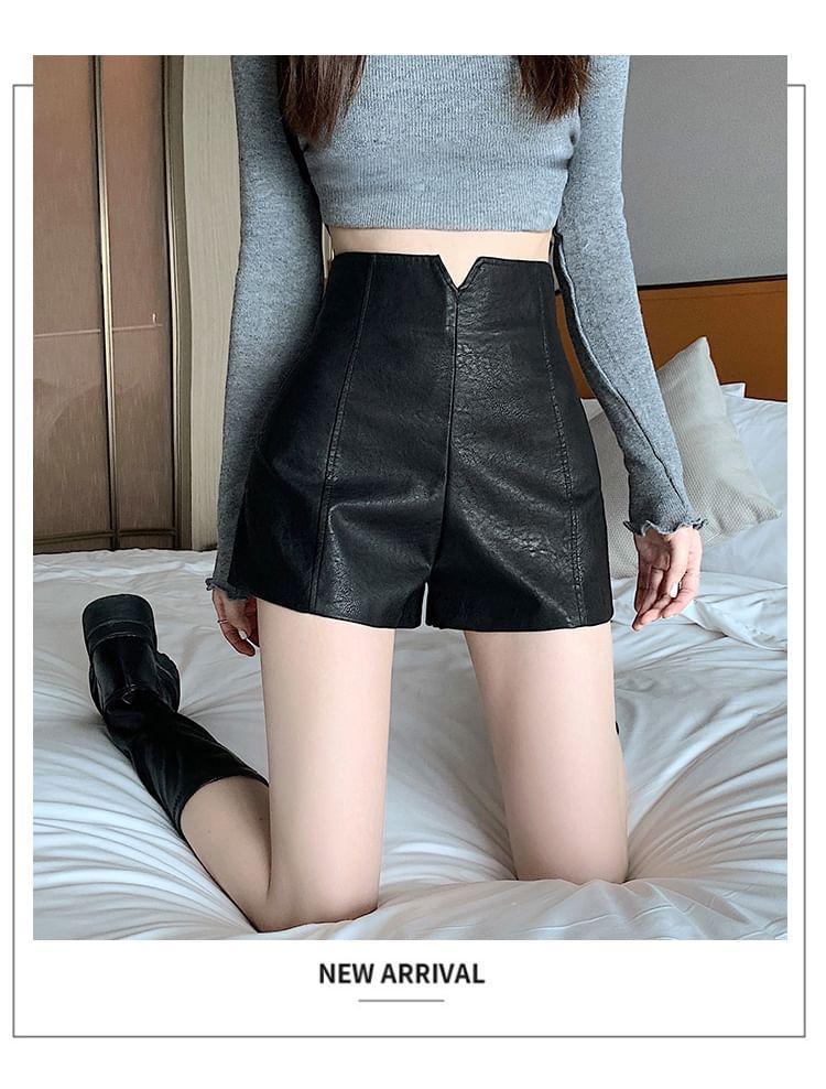 High Waist Plain Faux Leather Wide Leg Shorts Product Image