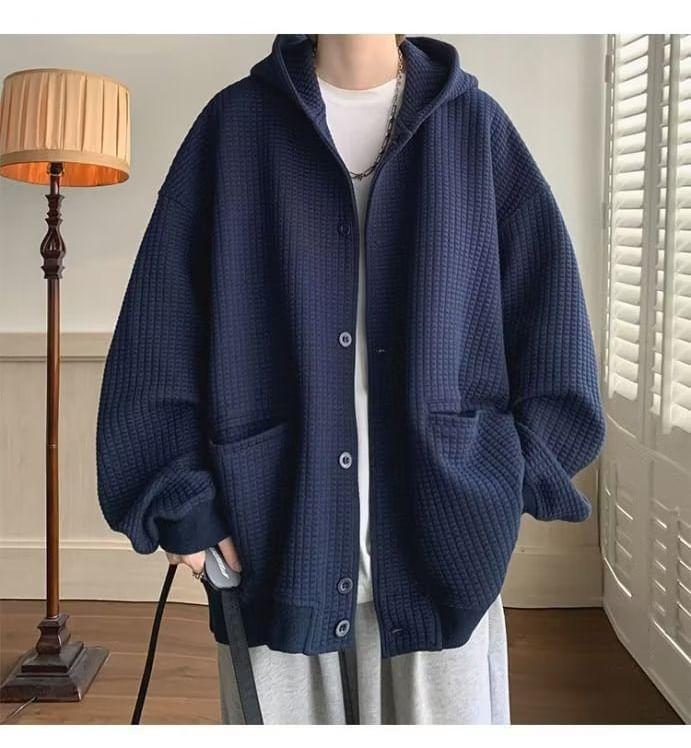 Plain Hooded Oversized Single-Breasted Jacket Product Image