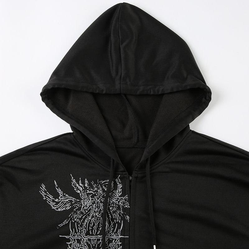 Drawstring Drop Shoulder Print Zip Hoodie Product Image