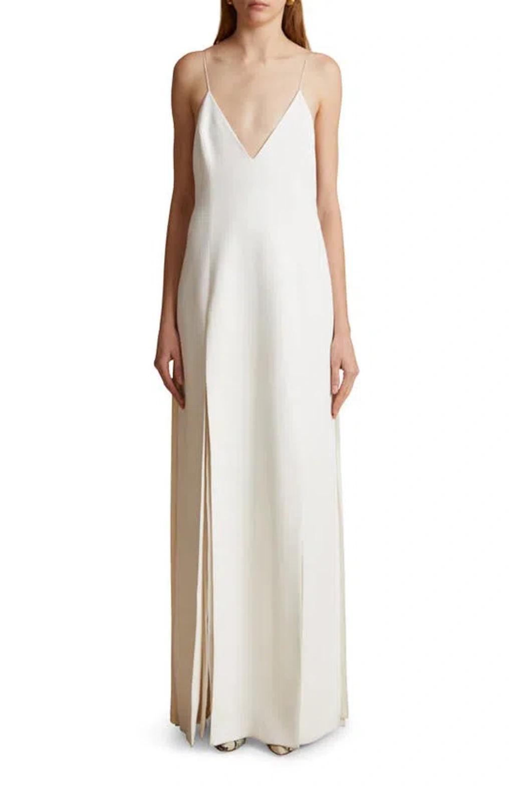 KHAITE Nonya Plunged Satin Crepe Maxi Dress In Chalk Product Image