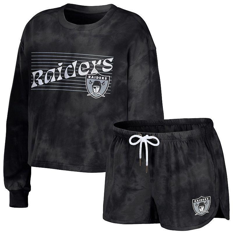 Womens WEAR by Erin Andrews Black Las Vegas Raiders Tie-Dye Cropped Pullover Sweatshirt & Shorts Lounge Set Product Image