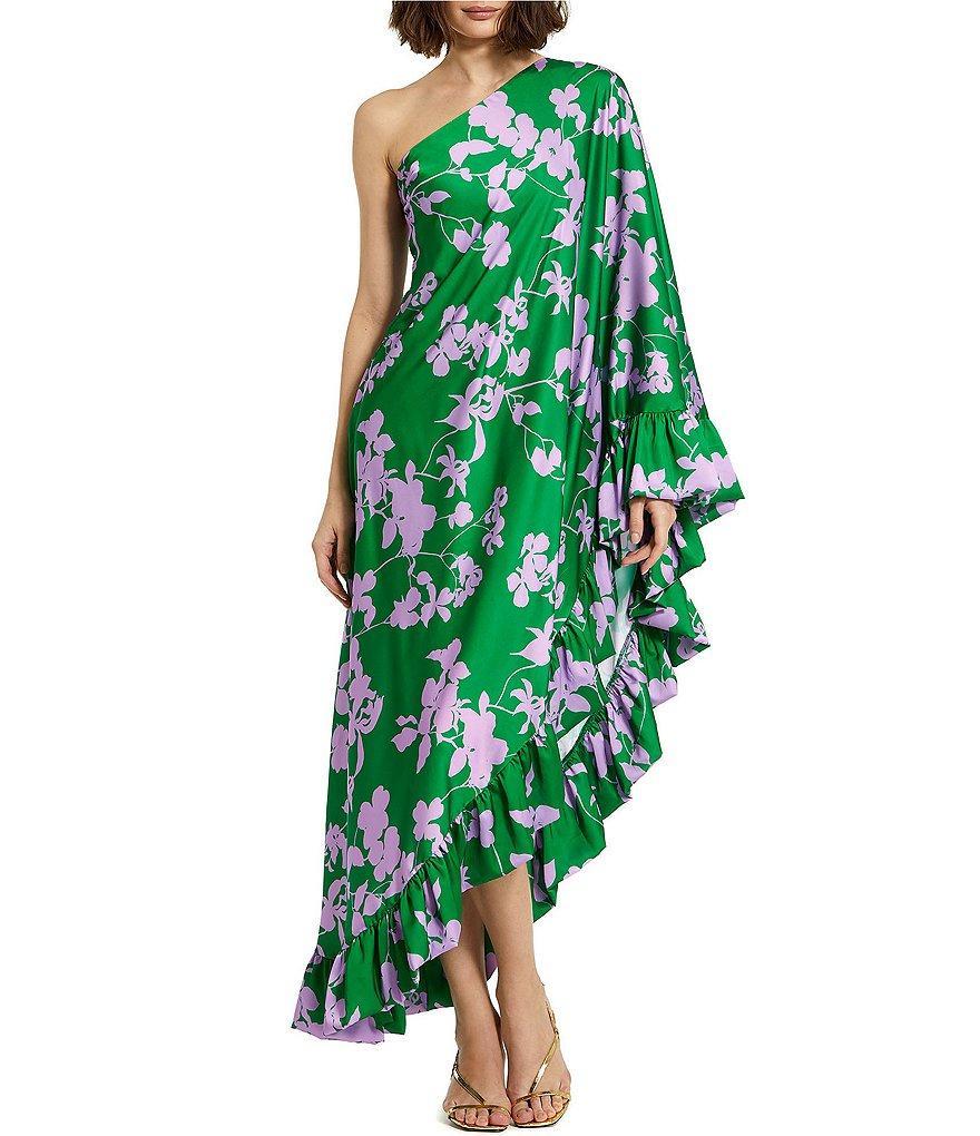 Mac Duggal Charmeuse Floral Print One Long Sleeve Asymmetric Ruffle Draped Gown Product Image