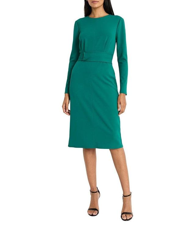 Maggy London Solid Scuba Crepe High Neck Long Sleeve Belted Wrap Sheath Dress Product Image