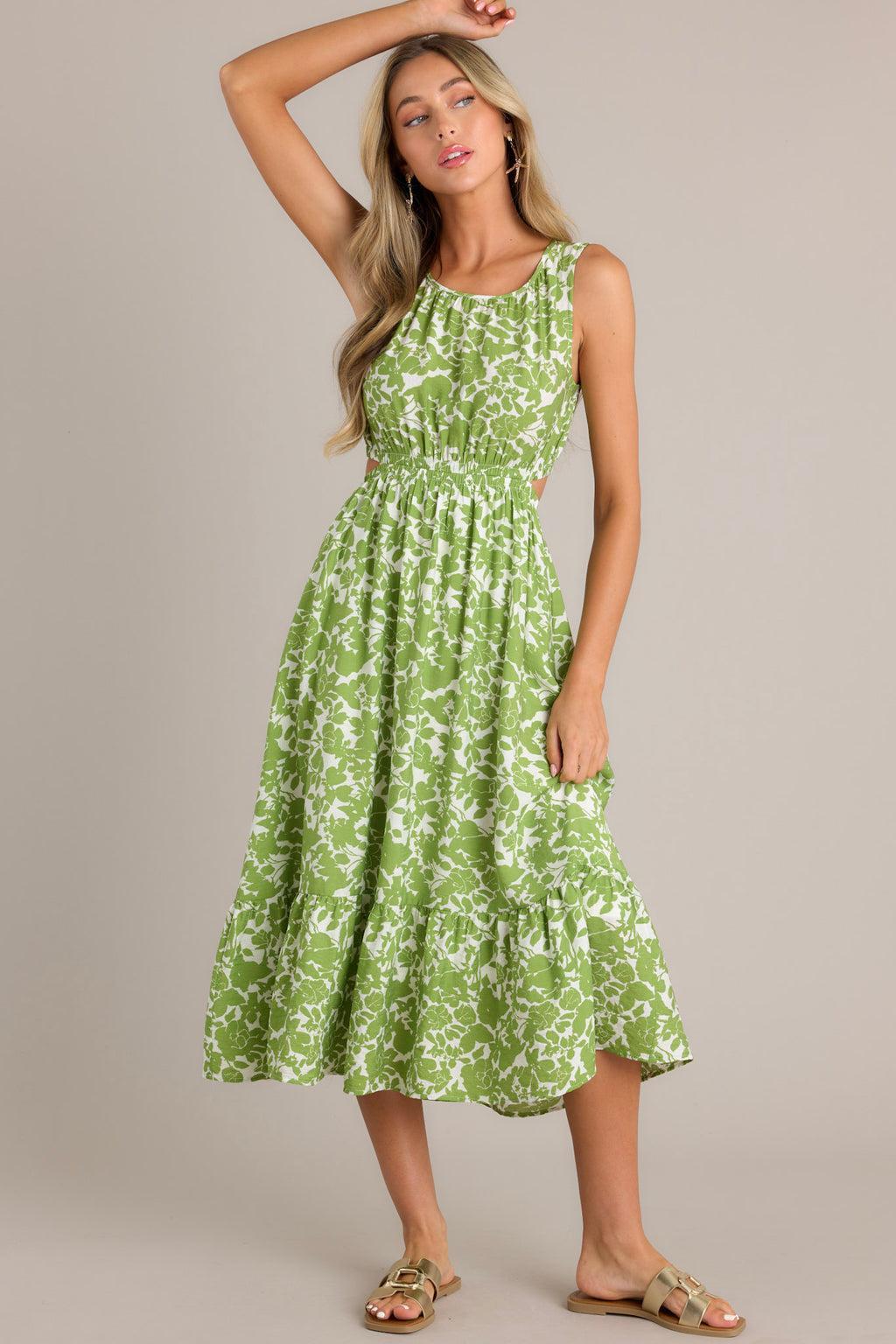 Nature's Charm Green Floral Cutout Midi Dress Product Image