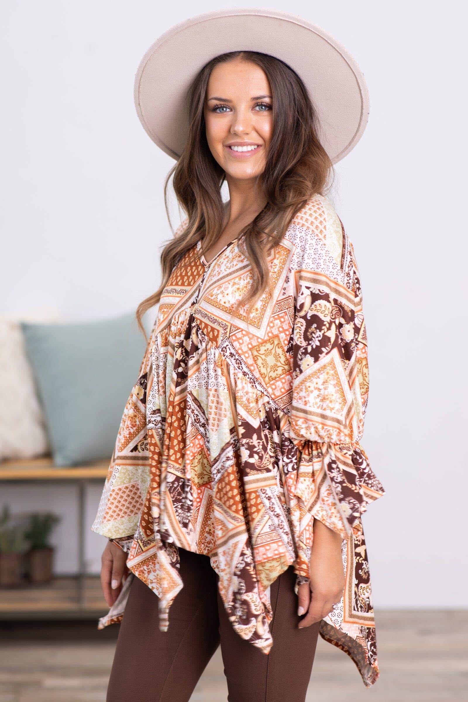 Burnt Orange Patchwork Print Hanky Hem Top Product Image