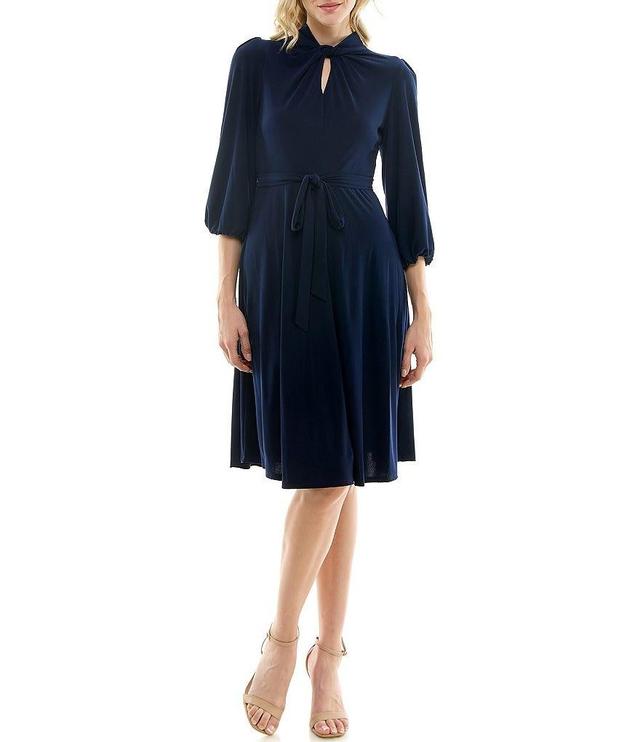 Maison Tara 3/4 Sleeve Twist Keyhole Mock Neck Tie Waist A-Line Dress Product Image