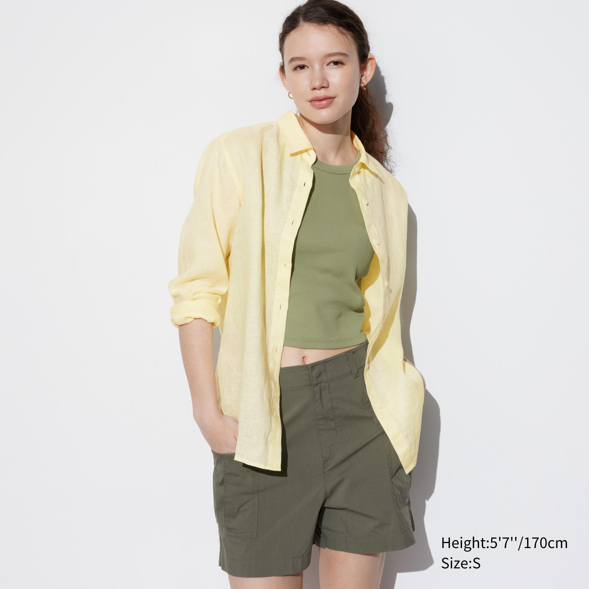 Womens Premium Linen Long-Sleeve Shirt Yellow Medium UNIQLO US product image