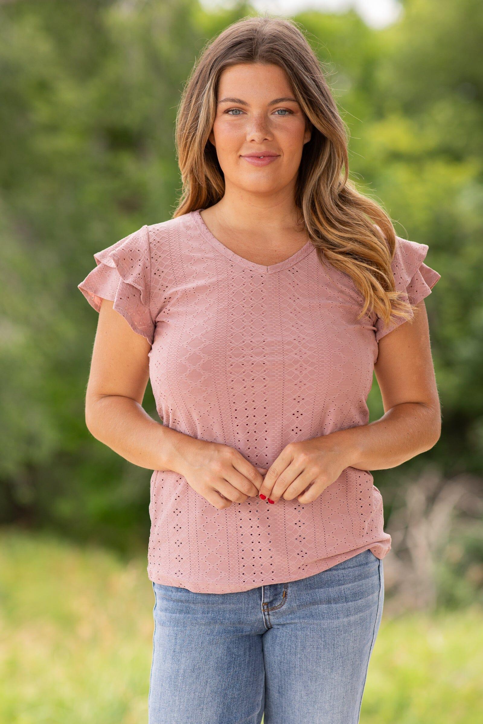 Dusty Rose Eyelet Top With Flutter Sleeve Product Image