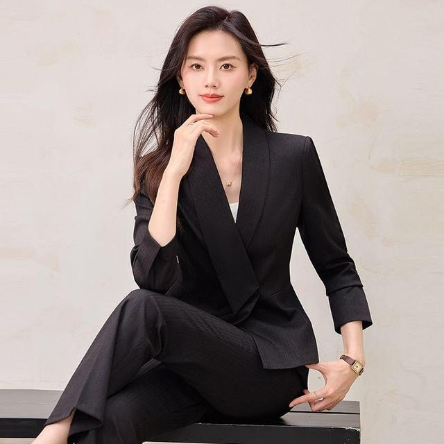 Shawl Lapel Plain Single Breasted Blazer / High Waist Flared Slacks / Set Product Image