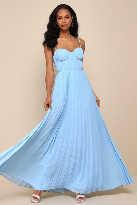 Admirable Elegance Light Blue Pleated Bustier Maxi Dress Product Image