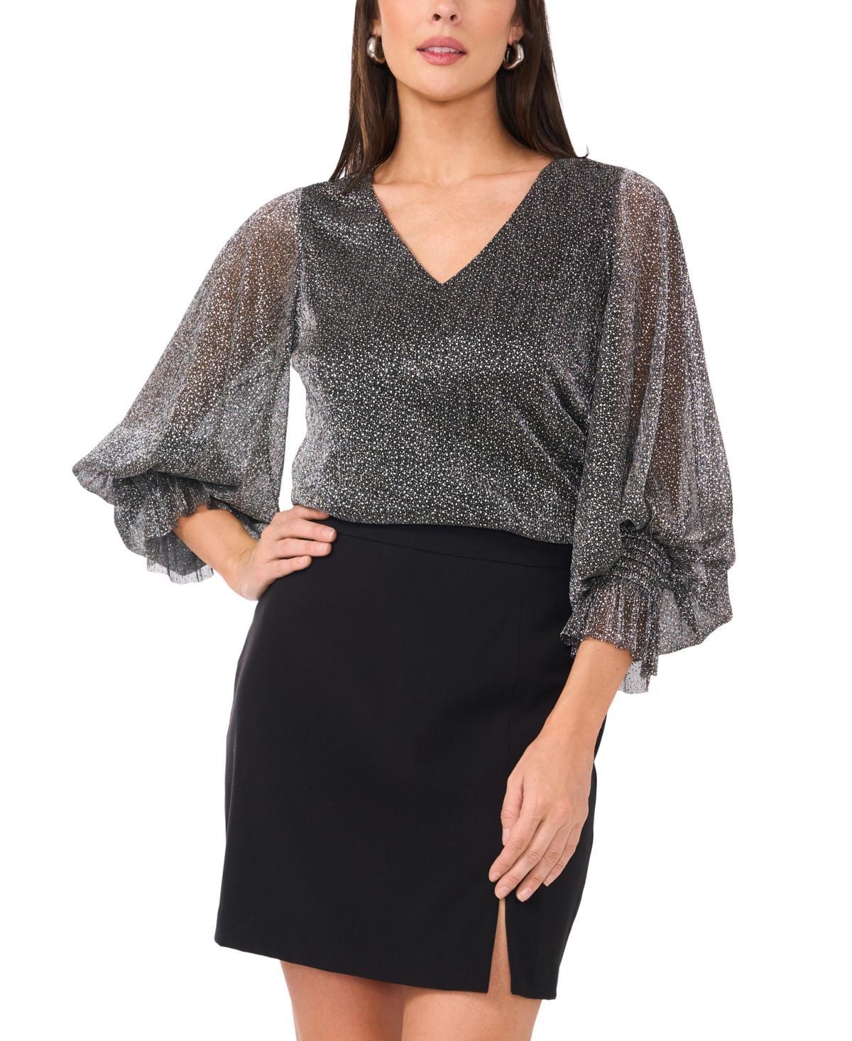 Vince Camuto Womens Metallic V-Neck Sheer-Sleeve Top Product Image