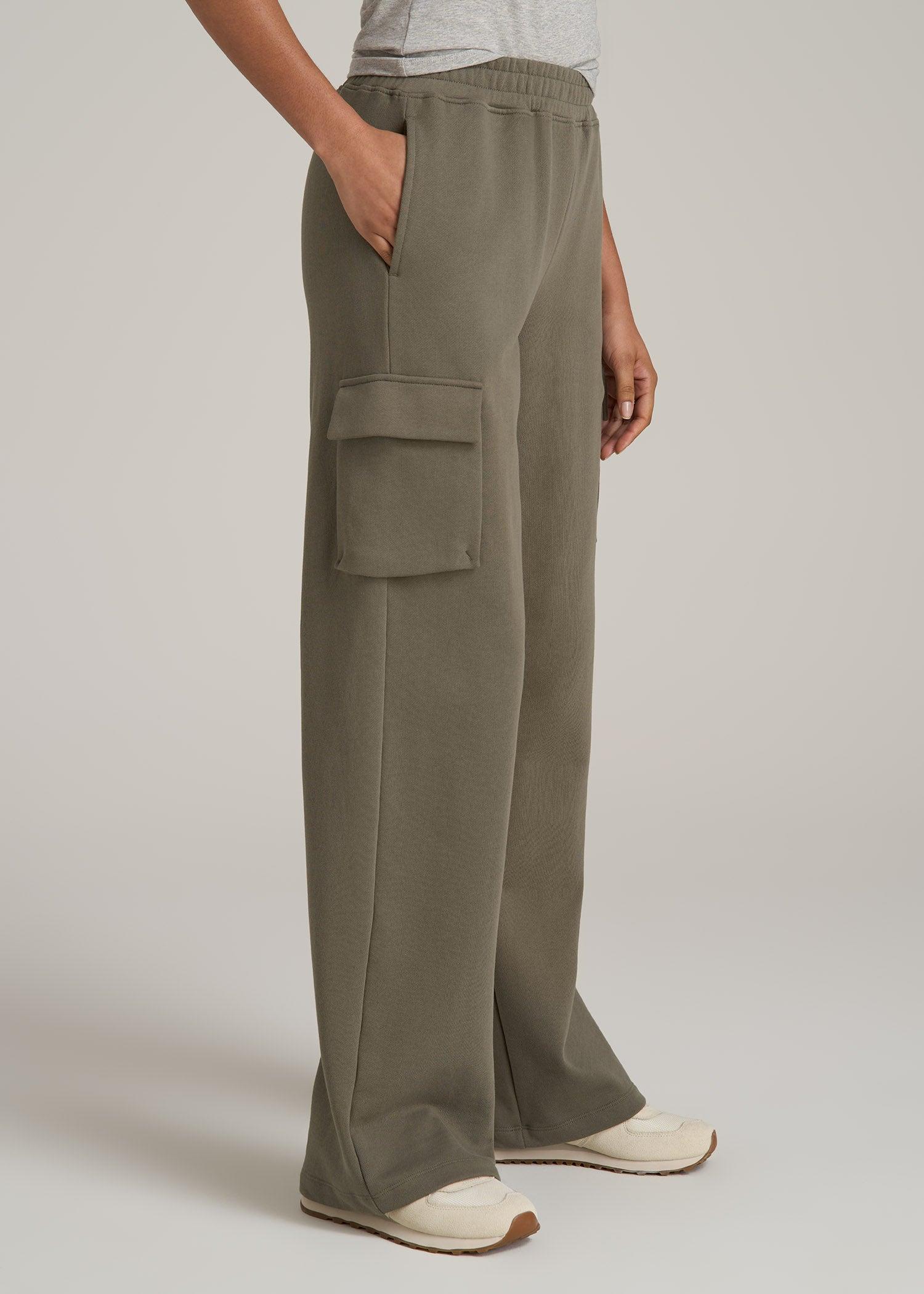 French Terry Wide Leg Cargo Sweatpants for Tall Women in Camper Green Product Image