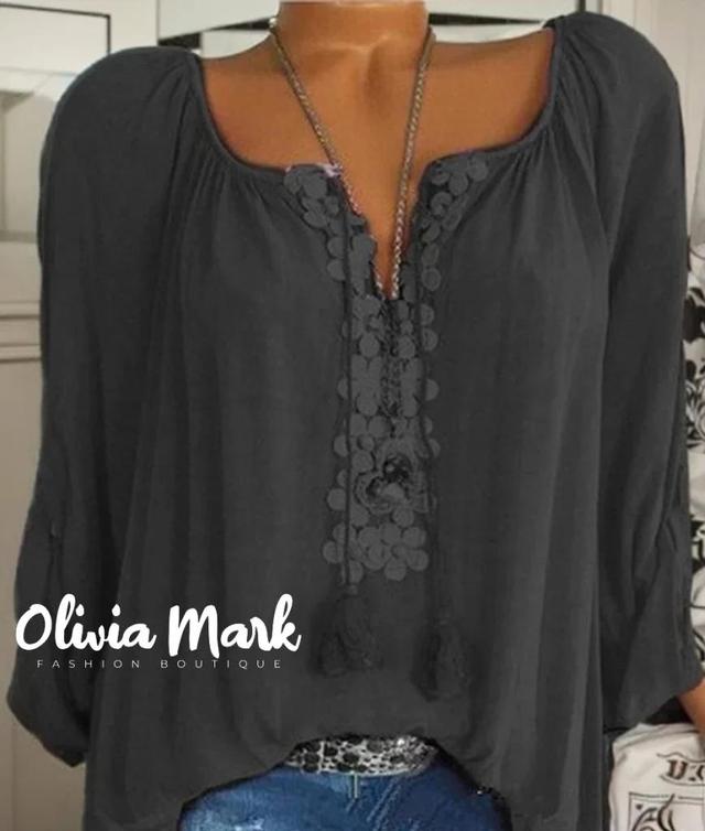 Olivia Mark –  Elegant Ladies Long-Sleeve Blouse with Exquisite Lace Detailing and Classic Turn-Down Collar Product Image