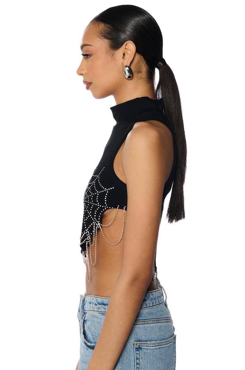 SPIDER WEBS MOCK NECK EMBELLISHED CROPPED TANK Product Image