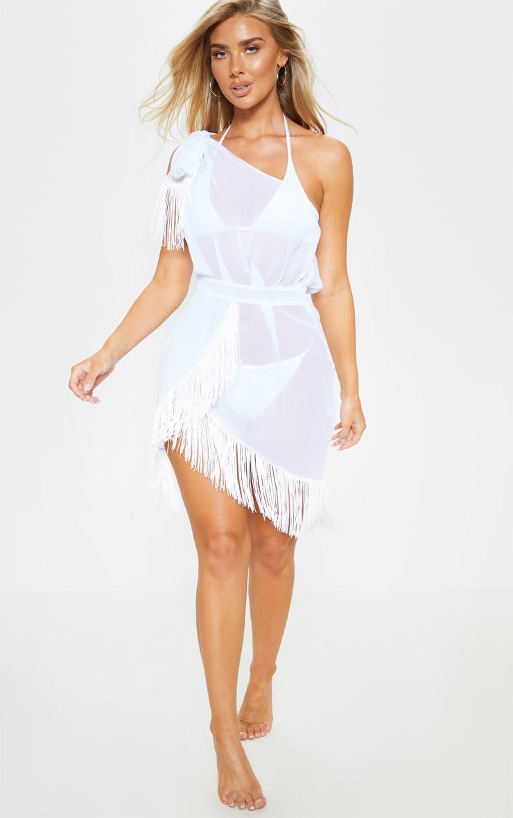 White Asymmetric Fringe Beach Dress Product Image