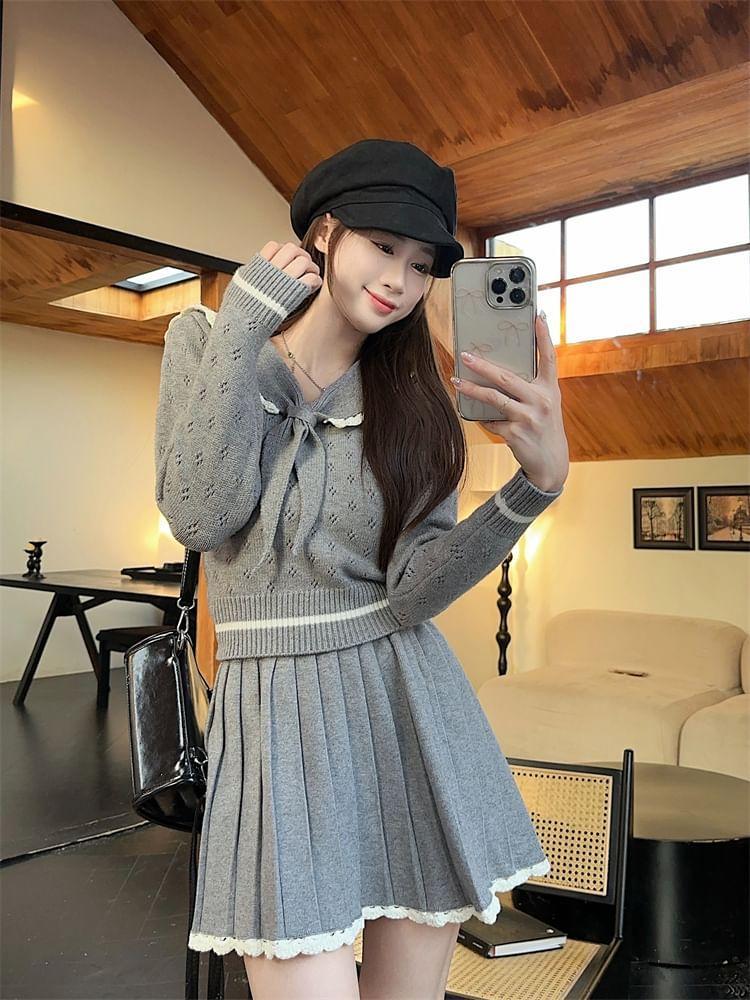 High Rise Plain Lace Trim Pleated Mini A-Line Skirt / Collar Striped Pointelle Knit Sweater / Plaid Shawl Product Image