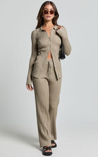 Kelsey Pants - High Drawstring Waist Knit Pants in Taupe Product Image