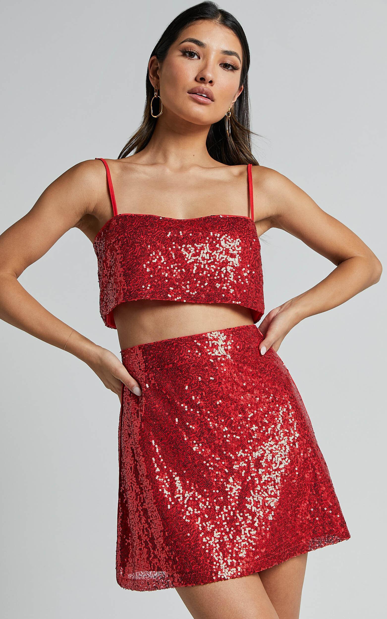 Elswyth Mini Skirt - Side Split Sequin Skirt in Red Product Image