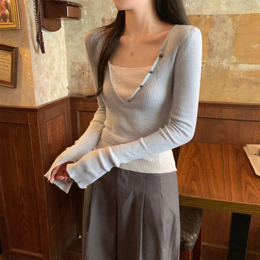 Long Sleeve V-Neck Mock Two Piece Ribbed Knit Top Product Image