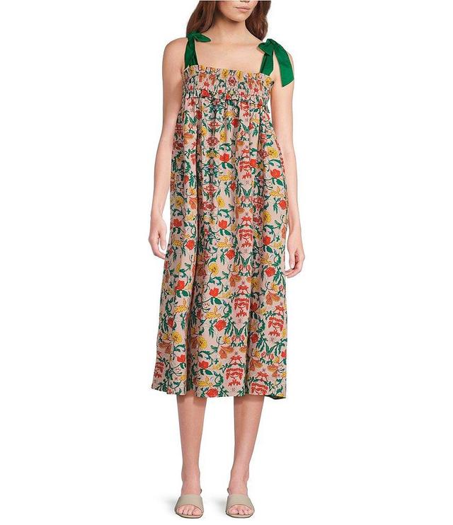 Buru Square Neck Tie Shoulder Strap Floral Print Square Neck Sleeveless Midi Dress Product Image