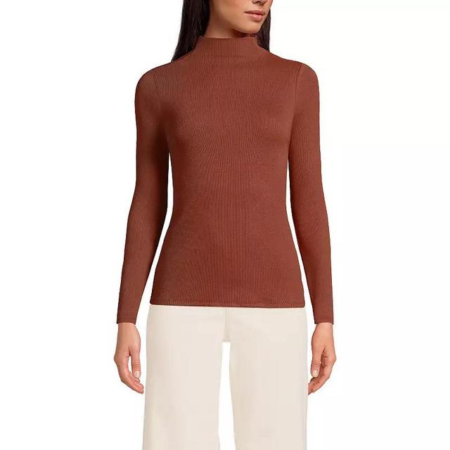 Womens Lands End Rib Skimming Long Sleeve Mock Neck Top Rich Brown Product Image