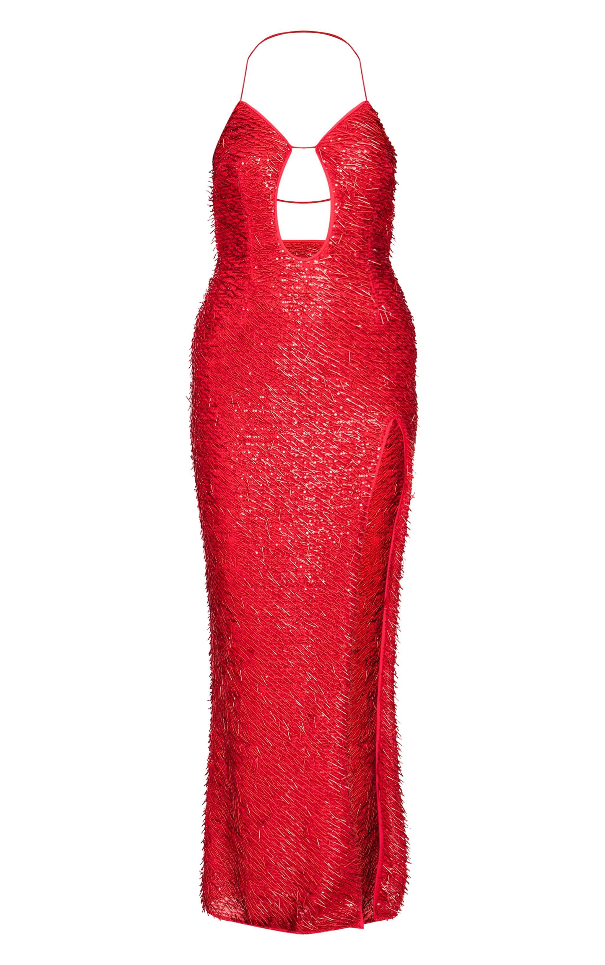 Red Sequin Cut Out Maxi Dress Product Image