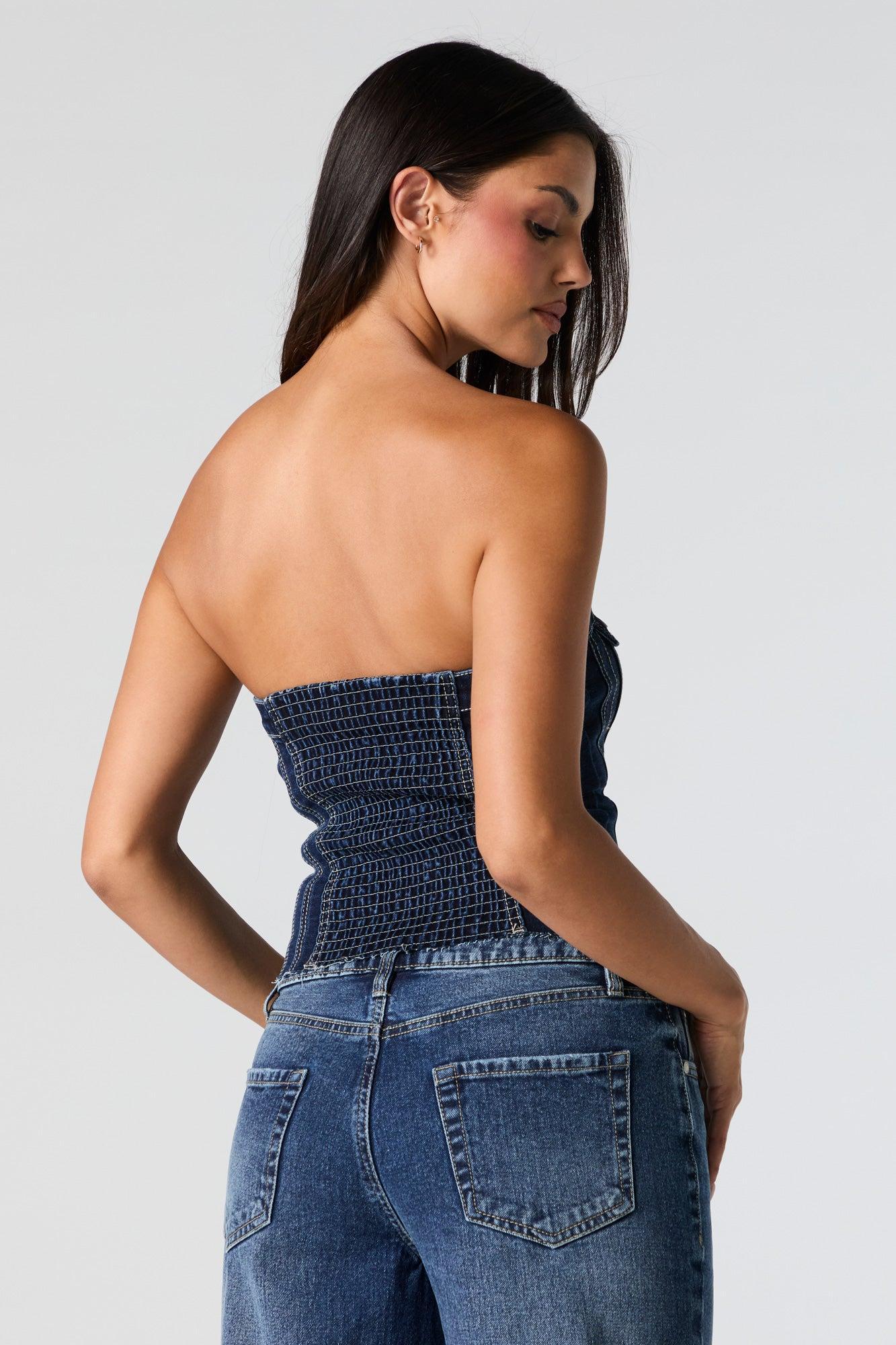 Denim Button Front Tube Top Female Product Image