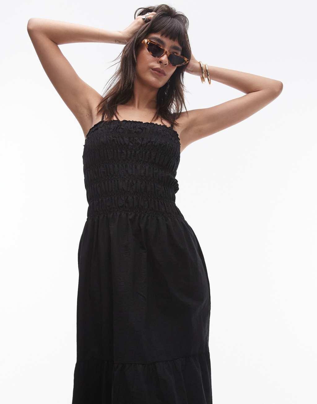 Topshop shirred midi dress in black Product Image