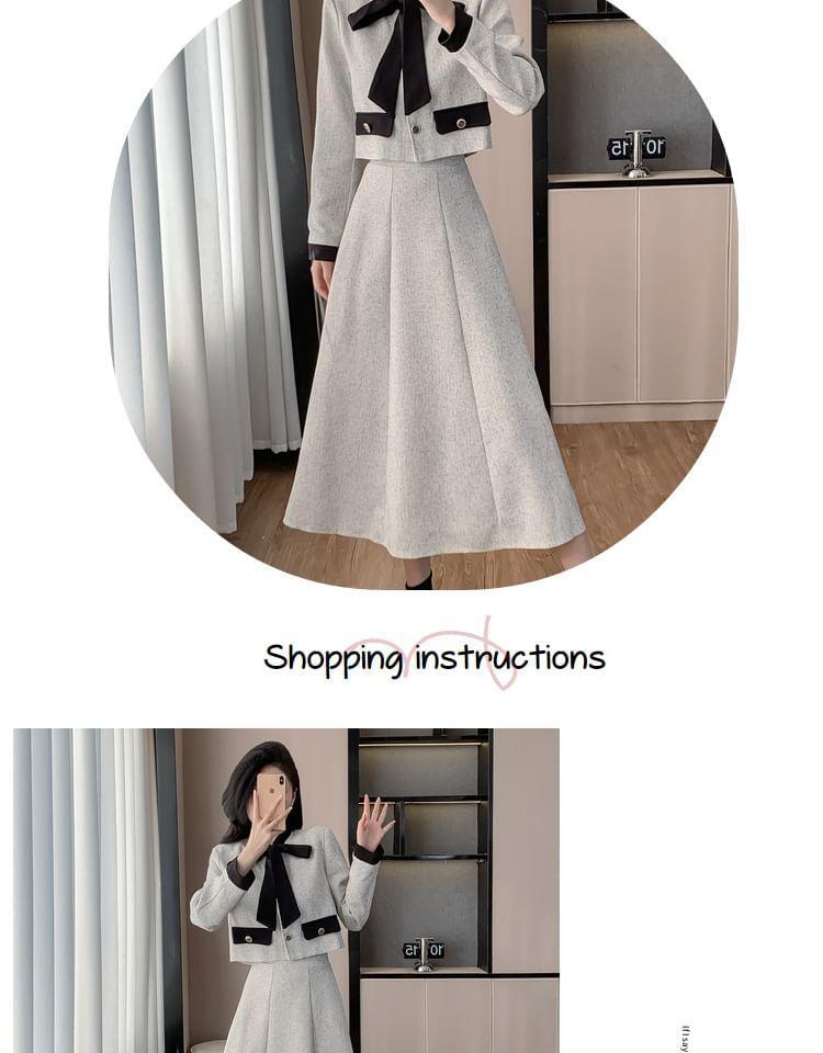 Set: Tie Neck Panel Button Jacket + High Rise Midi A-Line Skirt Product Image