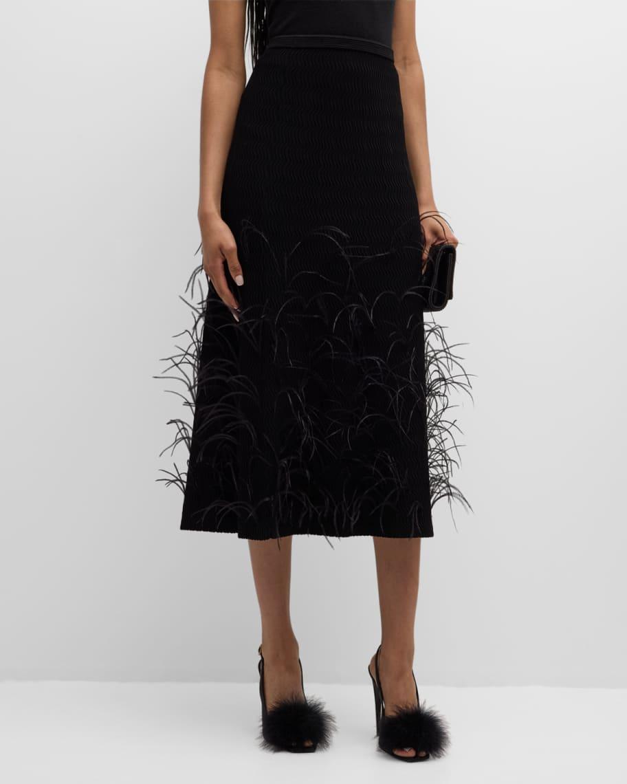 Feather-Embellished Wavy Matte Crepe Midi Skirt Product Image