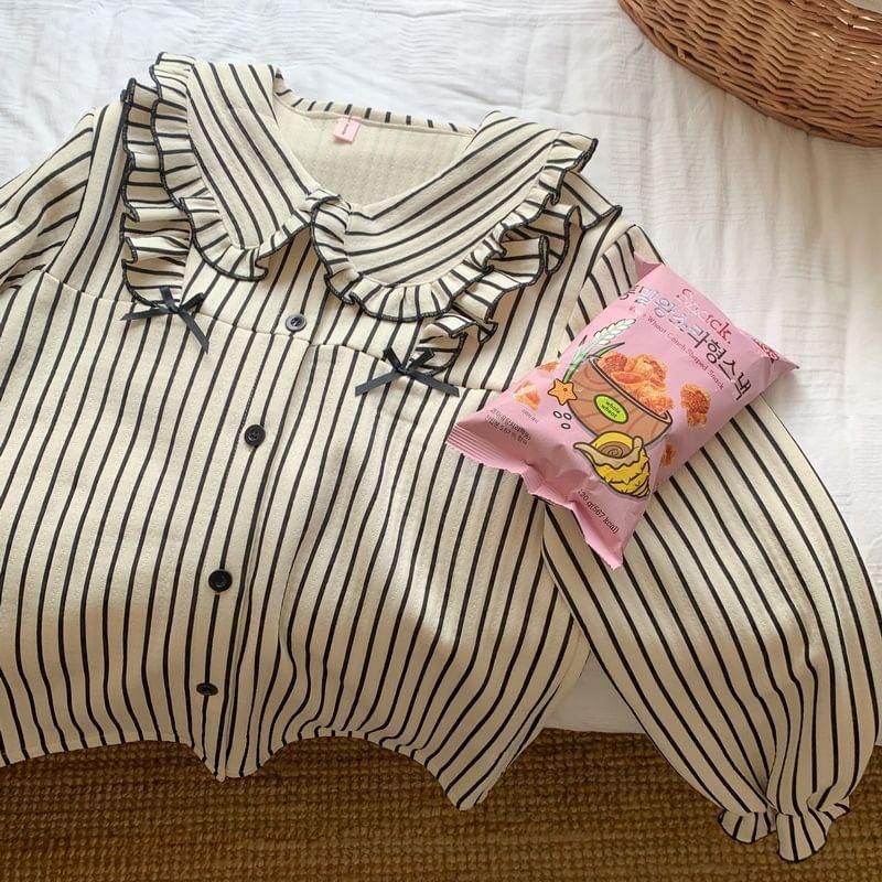 Couple Matching Pajama Set: Long-Sleeve Striped Button-Up Top + Pants (Various Designs) Product Image