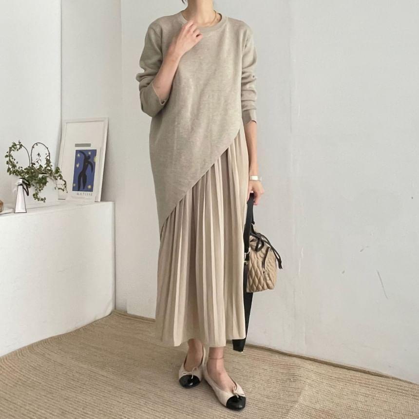 Long-Sleeve Crew Neck Mock Two-Piece Plain Asymmetrical Pleated Panel Midi Tunic Dress Product Image