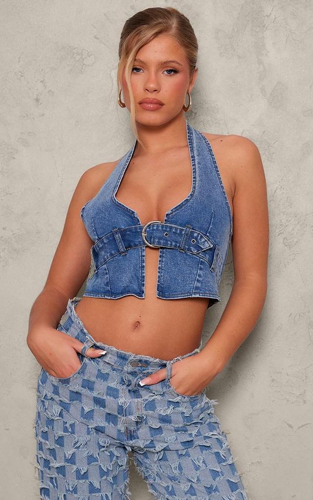 Mid Blue Wash Buckle Plunge Denim Top Product Image