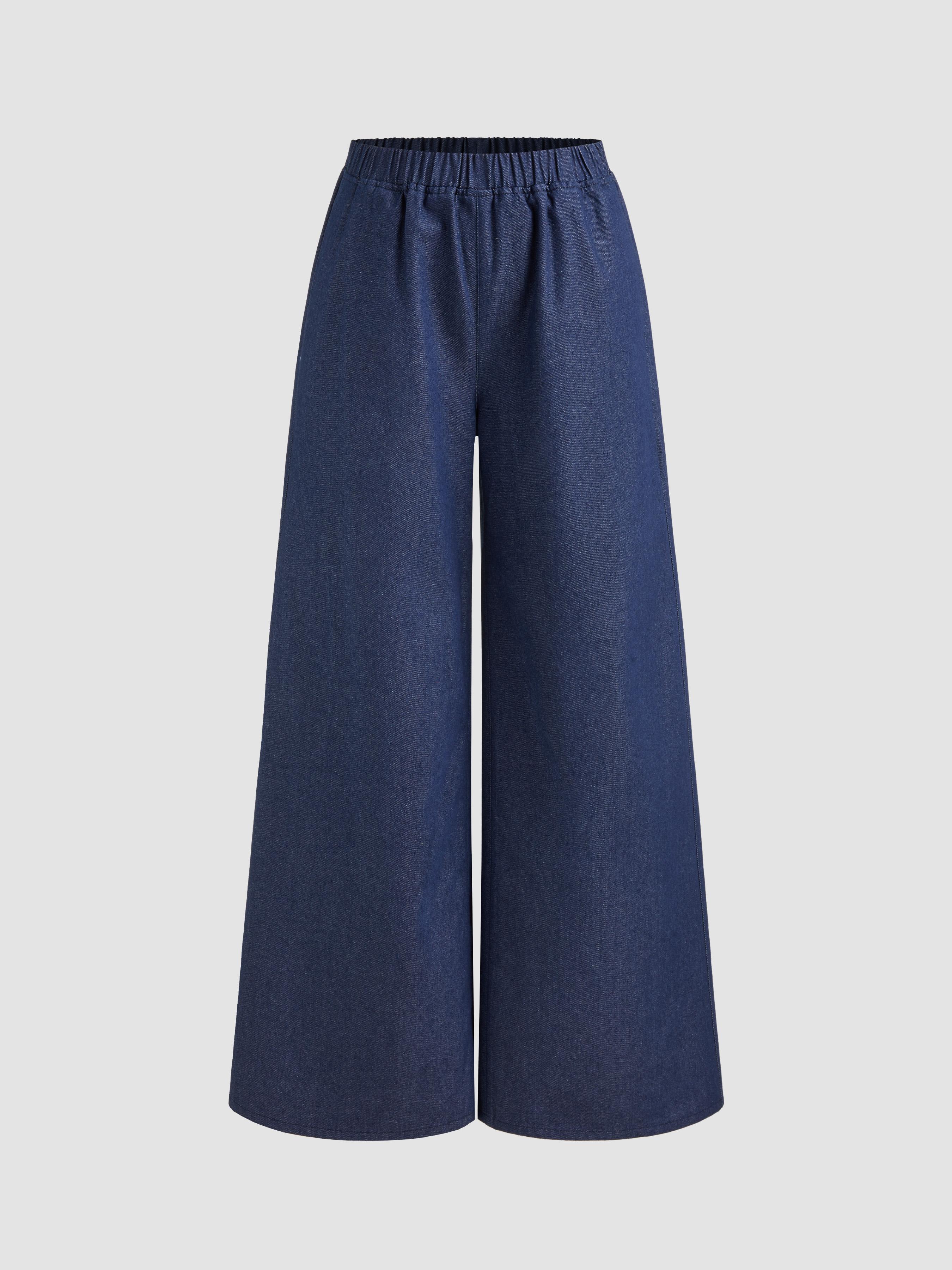 Denim Mid Rise Solid Pocket Wide Leg Trousers  Product Image