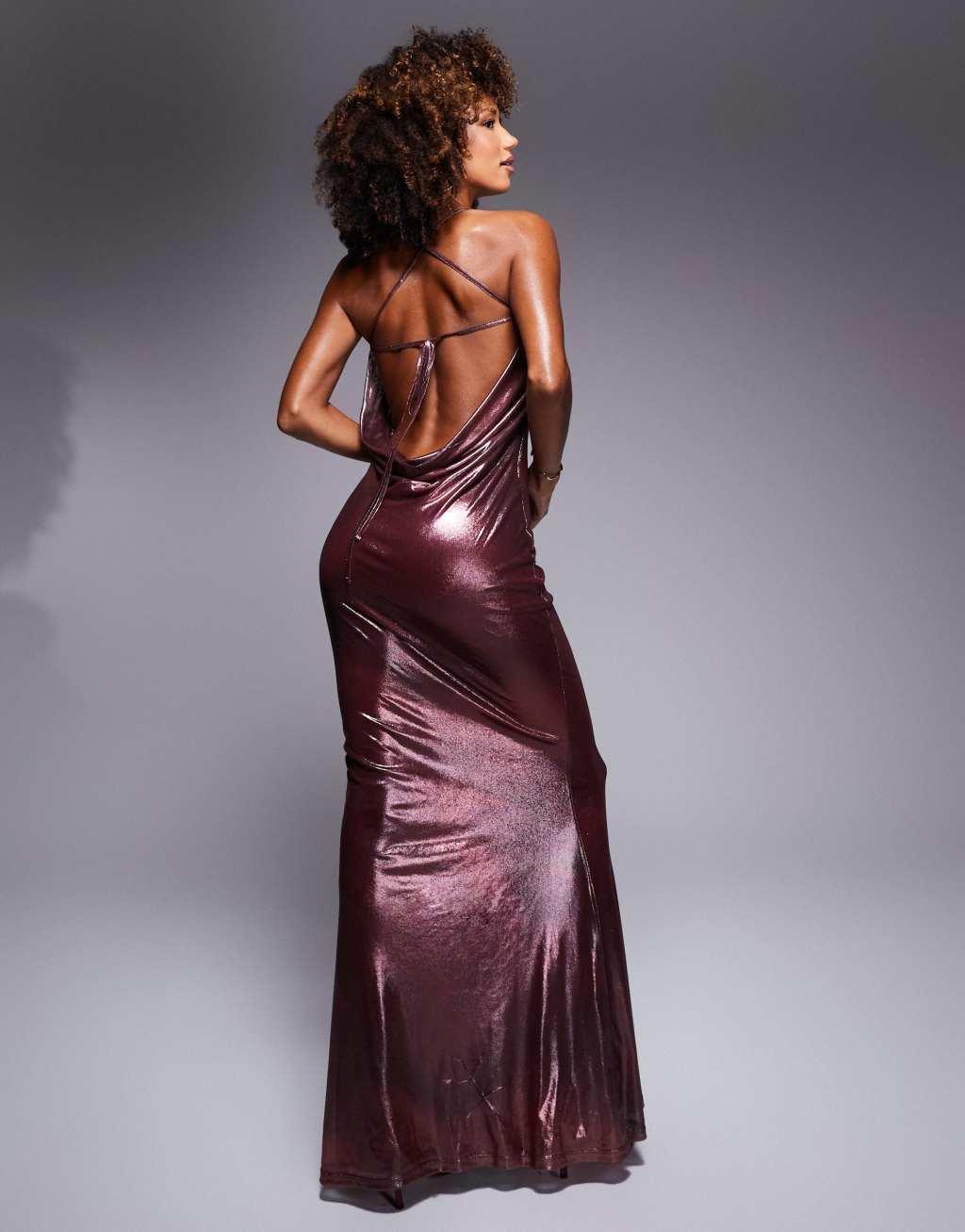 ASOS DESIGN shimmer mesh bandeau maxi dress with halter straps and cowl back detail in burgundy Product Image