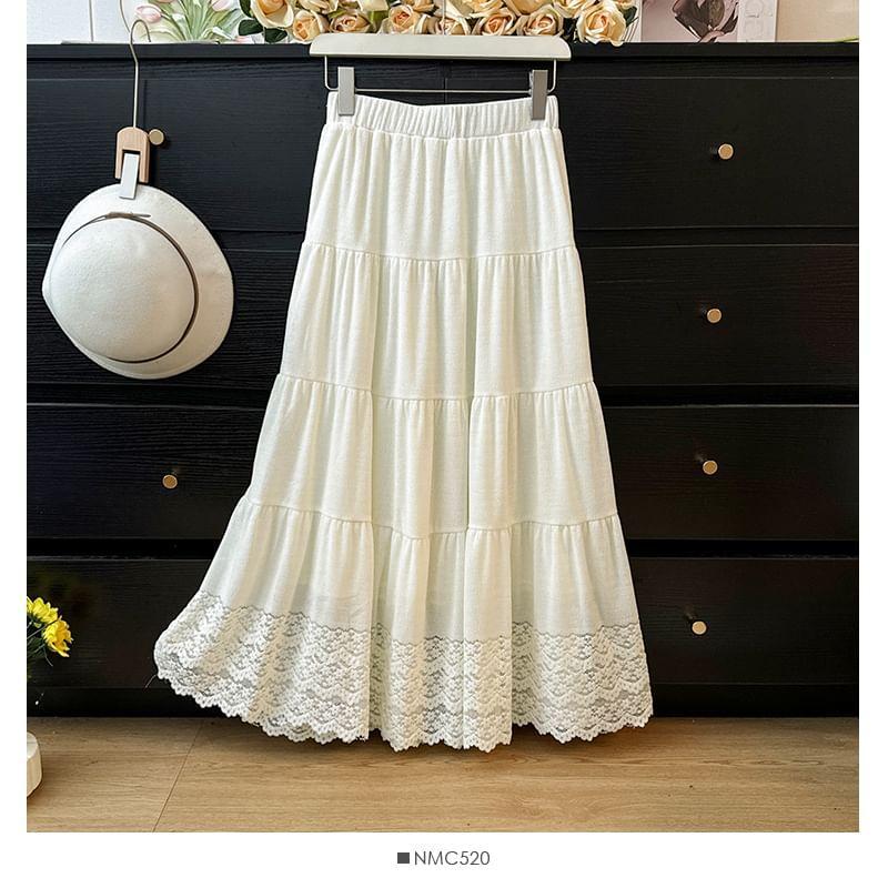 Tiered Lace-Hem A-Line Skirt Product Image