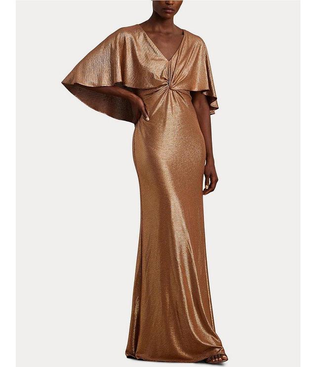 Lauren Ralph Lauren Metallic Knit Twist Front V-Neck Short Cape Flutter Sleeve Column Gown Product Image